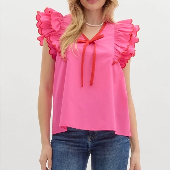 entro Tops - Entro Pink/Red Cotton Scallop Ruffle Sleeve Top - Women’s Size L